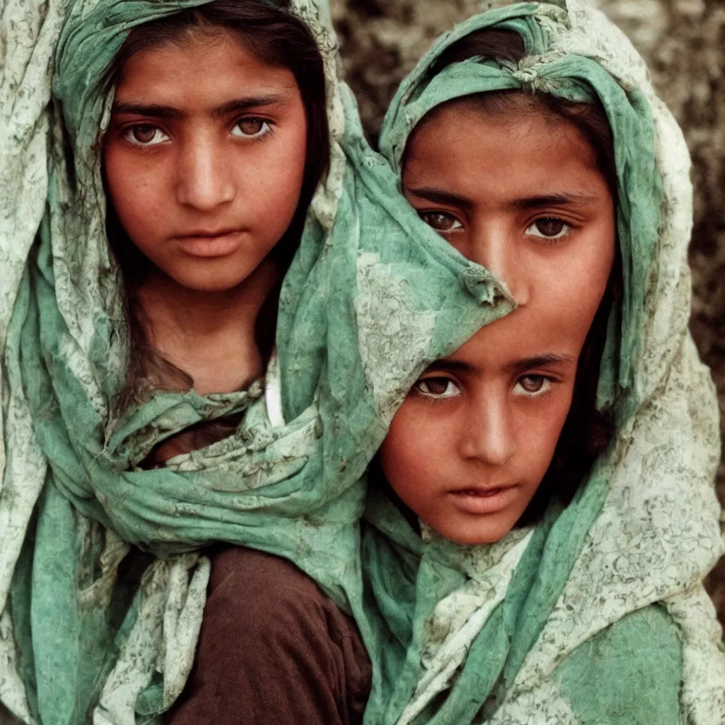 Image similar to a teenage girl og afghani descent with strikning green eyes stares into the camera with deep read headscarf. kodachrome