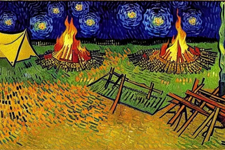 Image similar to van gogh painting of a campsite with bonfire