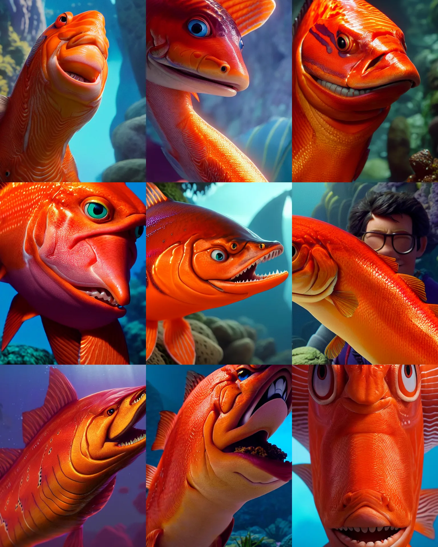 Prompt: weta disney pixar movie still portrait photo of a bright - colored salmon : : by weta, greg rutkowski, wlop, ilya kuvshinov, rossdraws, artgerm, annie leibovitz, alphonse mucha, ue 5, trending on artstation, octane, volumetric lighting : :