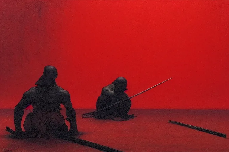 Image similar to only with red, a red samurai harakiri, tokio, a lot of frogs watch, in the style of beksinski, parts by edward hopper, parts by rodcenko, parts by yue minjun, intricate and epic composition, red by caravaggio, insanely quality, highly detailed, masterpiece, red light, artstation, 4 k