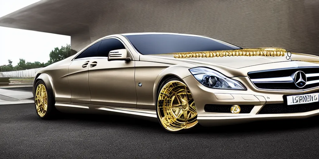Prompt: a mercedes studded with diamonds, luxurius, premium, gold plated