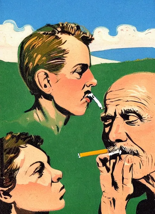 Image similar to an extreme close - up portrait of a couple smoking a cigarette in a scenic representation of mother nature and the meaning of life by billy childish, thick visible brush strokes, shadowy landscape painting in the background by beal gifford, vintage postcard illustration, minimalist cover art by mitchell hooks