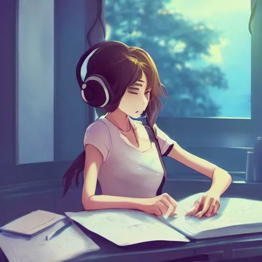 Image similar to attractive girl, hair in messy bun, wearing headphones, studying at desk, bedroom setting, golden hour, digital art, art by rossdraws, artgerm, anime scenery by Makoto Shinkai