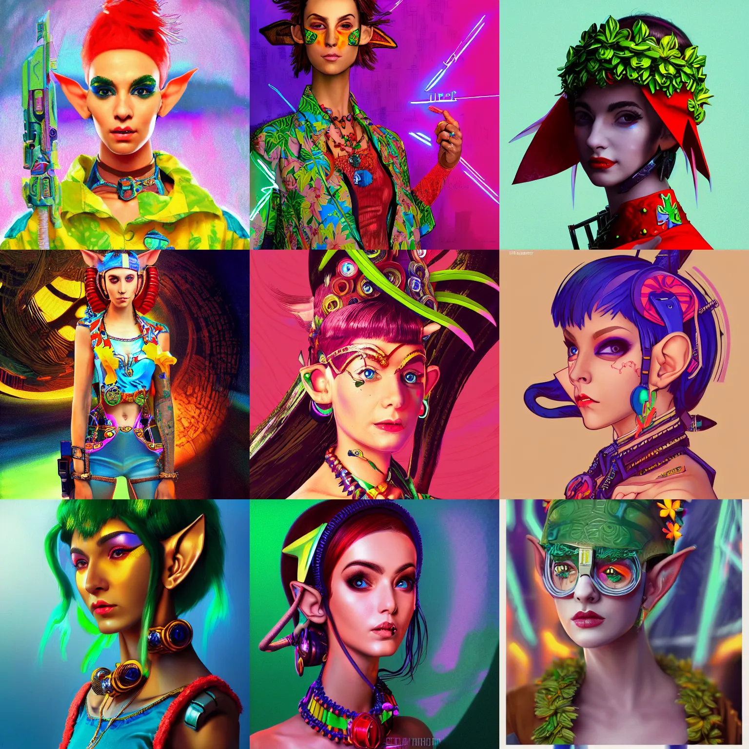 Prompt: a detailed portrait of a fashionable elf wearing a cyberpunk hawaiian outfit the style of william blake and norman rockwell, kubrick, crisp, vibrant color scheme, crisp, artstationhd