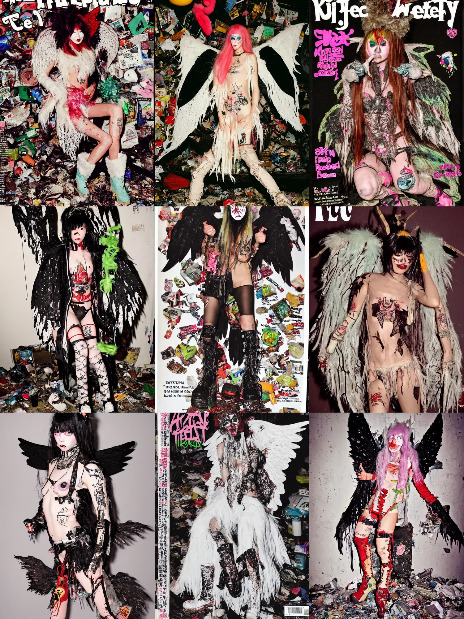 Prompt: photo of lace elf angel wings butterfly wearing ripped up dirty Swear kiss monster teeth yeti platform boots in the style of Ryan Trecartin in the style of 1990's FRUiTS magazine 20471120 by Walter Van Beirendonck W&LT in japan in a dirty dark dark dark poorly lit bedroom full of trash and garbage server racks and cables everywhere in the style of Juergen Teller in the style of Shoichi Aoki, japanese street fashion, KEROUAC magazine, Walter Van Beirendonck W&LT 1990's, Vivienne Westwood, y2K aesthetic