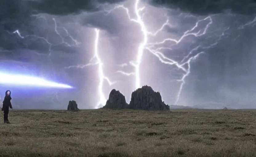 Prompt: screenshot portrait of Luke Skywalker fighting Emporer Palpatine force ghost, in a windy lightning battlefield with scattered ruins of a fiery jedi rock temple, iconic scene from 1970s film by Stanley Kubrick, last jedi, 4k UHD, cinematic lighting, beautiful portrait of Mark Hammill, moody scene, stunning cinematography, mcu effects, anamorphic lenses, kodak color film stock