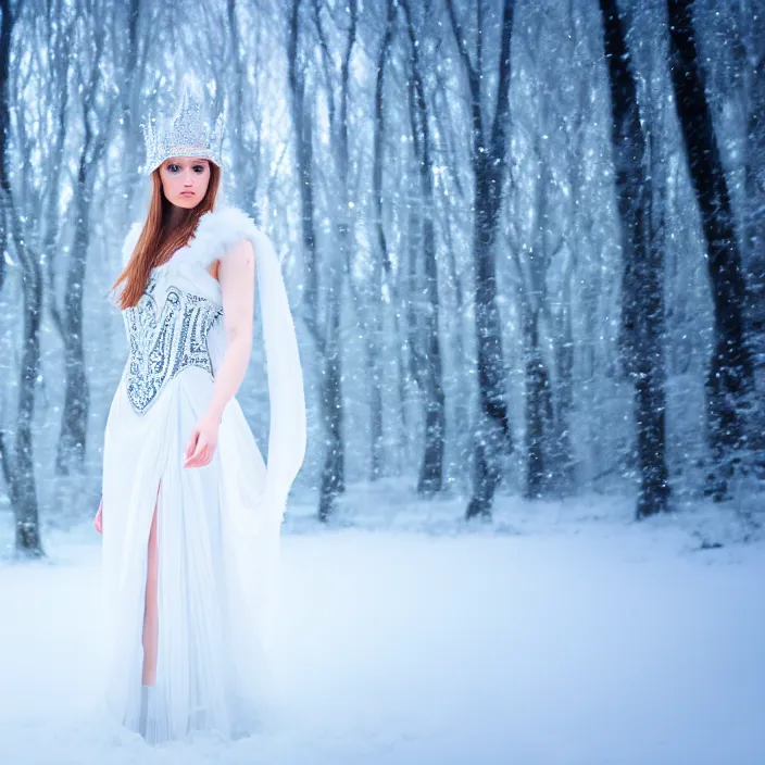 Prompt: photograph of a real-life beautiful ice queen with ornate white dress in an ethereal snowy landscape. Extremely detailed. 8k
