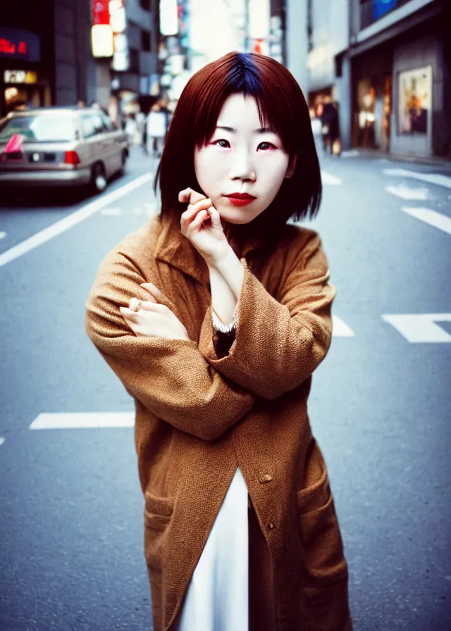 Image similar to a portrait street photograph shot on cinestill 5 0 d of one japanese woman in 9 0 s fashion with modest make up and her hair died to a hazelnut brown, shot in shibuya tokyo on a 3 5 mm at f / 2. 8, print magazine quality, nostalgia, 8 k