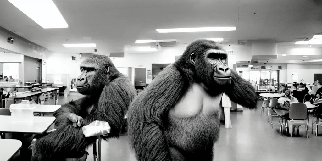 Image similar to big silverbaaack gorilla in cafeteria lunchroom, indoor lighting, 3 5 mm disposable camera