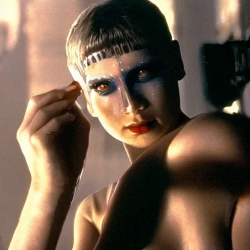 Prompt: cinematic portrait of a runaway cyborg with tribal facepaint in an empty room, still from the movie bladerunner