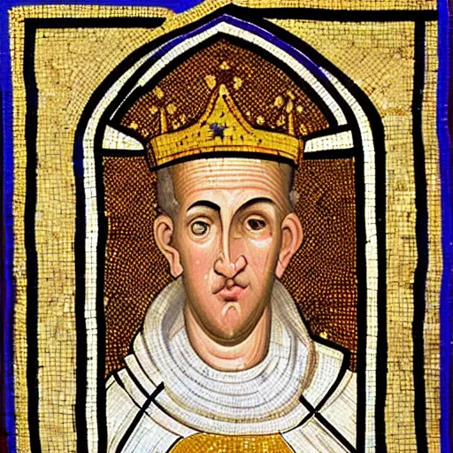 Prompt: medieval portrait of benjamin netanyahu, as king of israel, wearing white monk robes, a string with a golden star of david around his neck, a golden crown over his head, as a byzantine mosaic, very detailed, very realistic, elegant, top art, renowed artwork