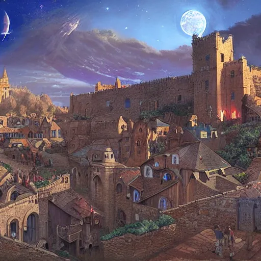 Prompt: a medieval village next to a space port. used future aesthetic. digital matte painting by james gurney and david mattingly.