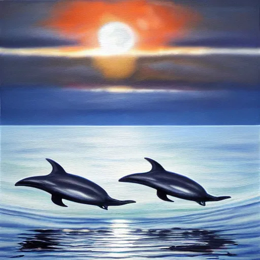 Prompt: oil painting, photorealistic, symmetrical, sunset, reflection on water, ufo floating above water, dolphins in water, horror, ominous