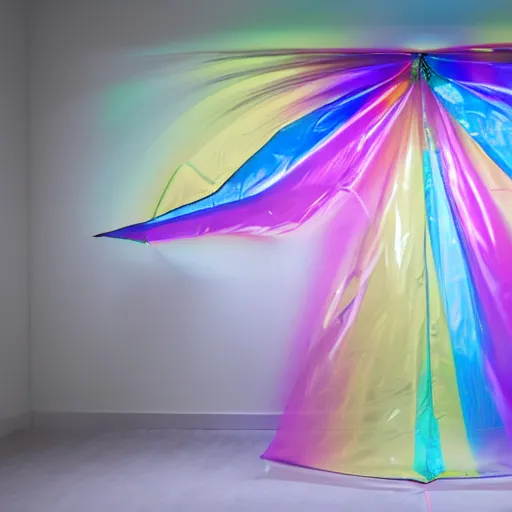 Image similar to an ultra high definition professional studio quality photograph of a transparent iridescent perspex pastel coloured inflatable abstract parachute coat in an empty white room. dramatic lighting, ray tracing, refraction, shallow d. o. f, colour corrected, golden ratio, three point light. volumetric shadows. god rays.