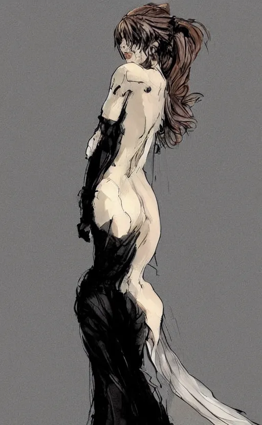 Image similar to a woman sitting in a long gown, her back is to us completely, pinterest hair picture, back of the hair, long In style of Yoji Shinkawa and Hyung-tae Kim, concept art, highly detailed