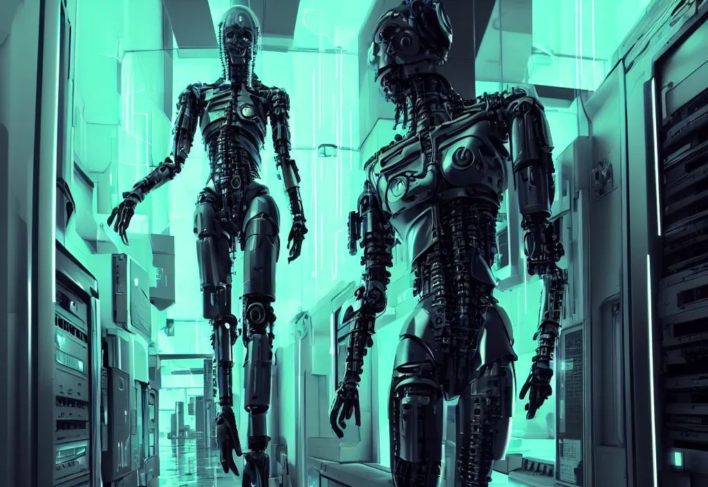 Image similar to shot of film by cyberpunk and syntwave syle, human like a cyborg, character design, full body in data center, extreamly detailed data center, symmetry, realistic, cinematic, awesome composition, color balance, professional lighting diffracted lightray, trending on artstation, volumetric lighting, octane render, awesome art, concept art