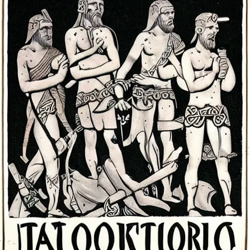 Image similar to A roman propaganda poster demonising tatooed celtic warriors. circa 400 BC