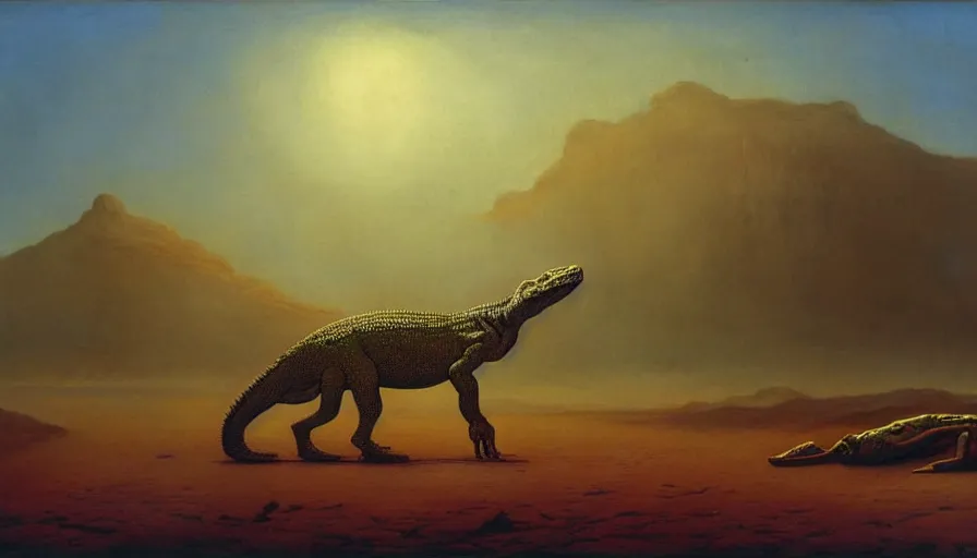Prompt: painting of large undiscovered prehistoric reptilian creature in the deserts of australia, apoda!!!, by zdzislaw beksinski, by tiffany bozic, gothic, amazing details, volumetric lighting, 8 k, cold hue's, warm tone gradient background