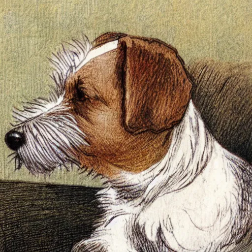 Prompt: closeup candid portrait of jack russel thinking, resting head on paw, illustrated by peggy fortnum and beatrix potter and sir john tenniel