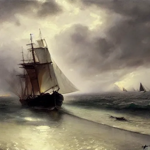 Prompt: oil painting of ship with translucent sail, backlit boat with dramatic storm clouds, harbour in background, foggy, details, decorative, art by anders zorn, wonderful masterpiece by greg rutkowski, beautiful cinematic light, american romanticism by greg manchess, creation by tyler edlin