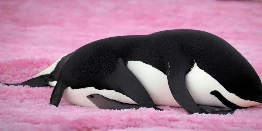 Prompt: realistic penguin sleeping in a pink fluffy bed