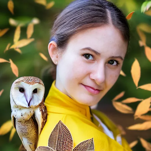 Prompt: portrait photograph of beautiful!!!! young female , symmetric face!, symmetric eyes, slight smile, natural light, wearing a yellow kimono!! with a very detailed barn owl! on her shoulder in a tropical greenhouse. looking at the camera!!. golden crown made of golden leaves. super resolution. Extremely detailed. Graflex camera!, bokeh!!!!!. by alphonse mucha.