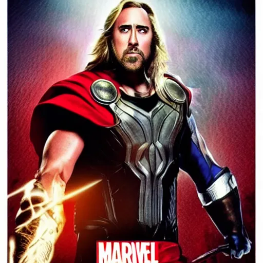 Image similar to nicholas cage as marvel's thor, movie poster