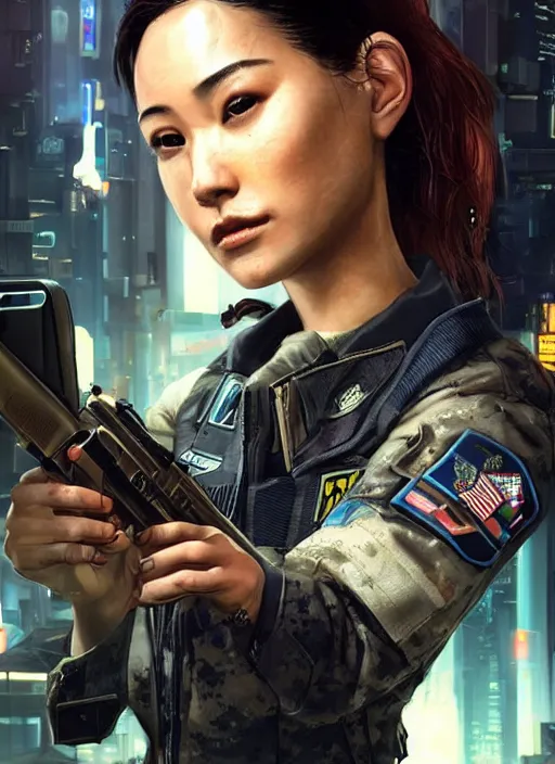 Image similar to Nikki tanaka. beautiful cyberpunk female USN marine wearing a military vest and combat gear. (Cyberpunk 2077, bladerunner 2049, apex legends, hl2, mgs, overwatch, blackops, rb6s). gorgeous face. Iranian orientalist portrait by john william waterhouse and Edwin Longsden Long and Theodore Ralli and Nasreddine Dinet, oil on canvas. Cinematic, hyper realism, realistic proportions, dramatic lighting, high detail 4k