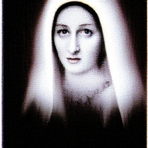 Image similar to vhs static overlay of marian apparition, vhs, 1 9 9 0, highly realistic, highly detailed, vhs noise static, black and white, vhs glitch