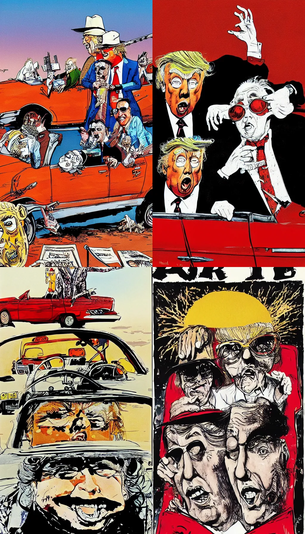 Prompt: ralph steadman illustration of donald trump and roger stone on the poster of fear and loathing in las vegas, red convertible classic car, desert landscape, panting, film grain, surreal