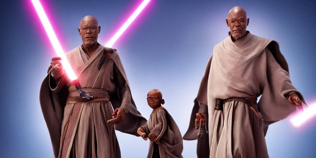 Prompt: obi - wan kenobi disney plus show, old mace windu played by samuel l jackson, standing alone, yoda puppet from 1 9 8 0 cameo, accurate ultra realistic faces, 4 k, movie still, uhd, sharp, detailed, cinematic, render, modern