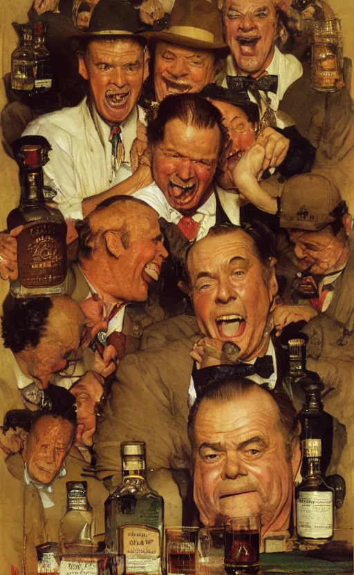 Image similar to illustration, inside a bottle of whiskey we see jack nicholson face, by norman rockwell, roberto ferri, daniel gerhartz, edd cartier, jack kirby, howard brown, tom lovell, jacob collins, dean cornwell