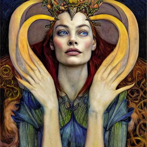 Image similar to weeping Margot Robbie wearing the bone crown, by Annie Swynnerton and Diego Rivera and Evelyn De Morgan, symbolist, dramatic lighting, elaborate geometric ornament, Art Brut ,god rays, soft cool colors,smooth, sharp focus, extremely detailed, Adolf Wölfli