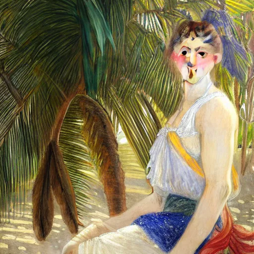 Image similar to a ultradetailed beautiful painting of a girl in the amazonas palace designed by jules bastien - lepage, hans belmer, frank weston and gustave baumann, beach, trending on artstation, mediterranean, palm trees, refracted color sparkles, sharp focus, soft light, 8 k 4 k