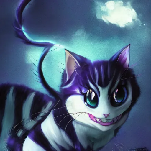 Image similar to a cute bluish black cheshire cat by makoto shinkai