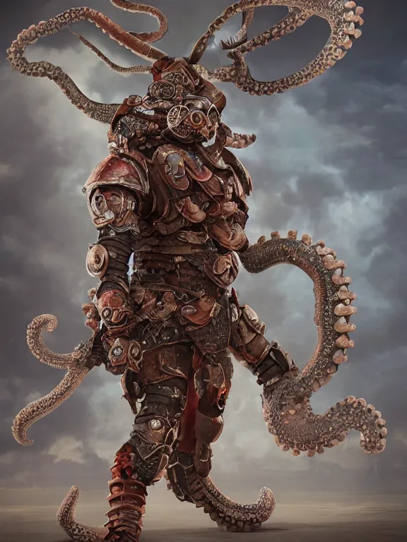 Prompt: full body portrait of single warrior with octopus armour, character design, designed in blender, 4 k hd, octane render, intricate and highly detailed, coloured with lots of colour, cinematic,