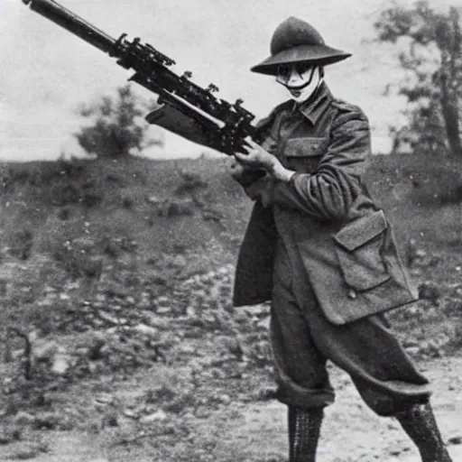 Prompt: old wartime photograph of the joker holding a lewis gun, 1 9 1 7