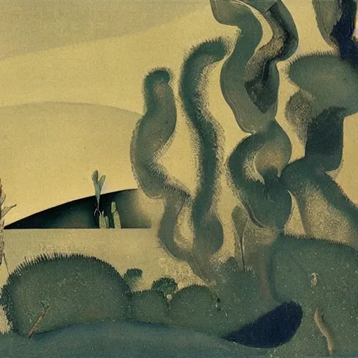 Image similar to painting of a lush natural scene on an alien planet by el lissitzky. beautiful landscape. weird vegetation. cliffs and water.