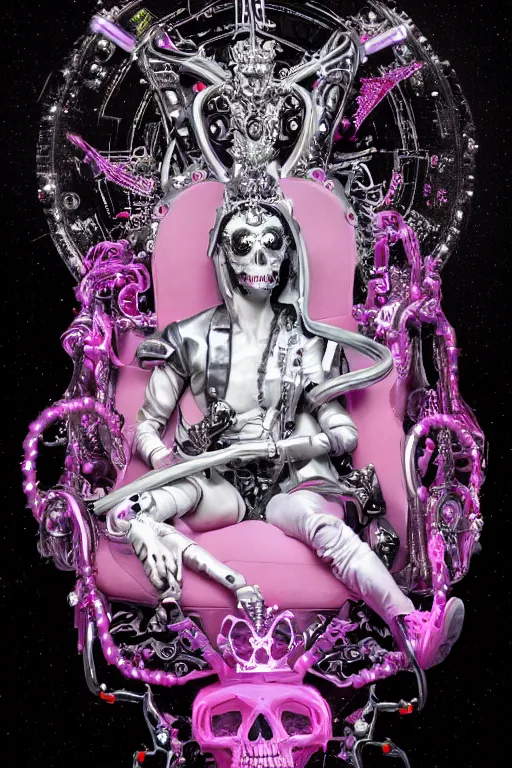 Image similar to full-body rococo and cyberpunk style neon statue of a young attractive portugues macho dotado android reclining sim roupa con piroca, glowing white laser eyes, prince crown of pink gears, diamonds, swirling silver-colored silk fabric. futuristic elements. full-length view. space robots. human skulls. intricate artwork by caravaggio. Trending on artstation, octane render, cinematic lighting from the right, hyper realism, octane render, 8k, depth of field, 3D