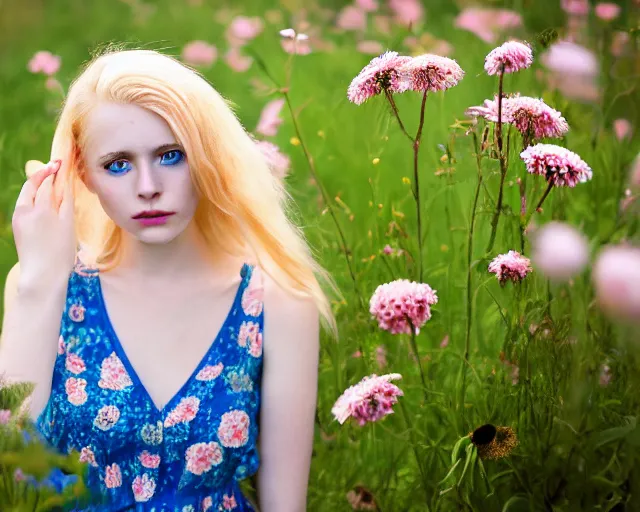 Prompt: pale beautiful young woman with bright blonde hair, freckles, blue eyes and a wide face, flowery dress, using a dslr camera, dramatic, art by anna nikonova