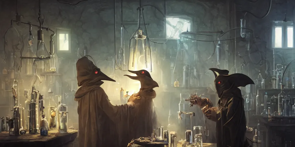 Image similar to a plague doctor and a humanoid rat in a laboratory with lots of flasks filled with magic liquids, stephen bliss, unreal engine, fantasy art by greg rutkowski, loish, rhads, ferdinand knab, ilya kuvshinov, rossdraws, tom bagshaw, global illumination, radiant soft light, detailed and intricate environment