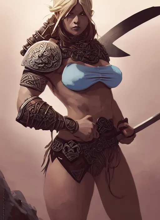 Image similar to portrait of cute muscular warrior girl cowered in celtic tattoos, dressed in armor bikini, holding a sword, dark fantasy, by atey ghailan, by greg rutkowski, by greg tocchini, by james gilleard, by joe gb fenton, by kaethe butcher, dynamic lighting, gradient light blue, brown, blonde cream and white color in scheme, grunge aesthetic