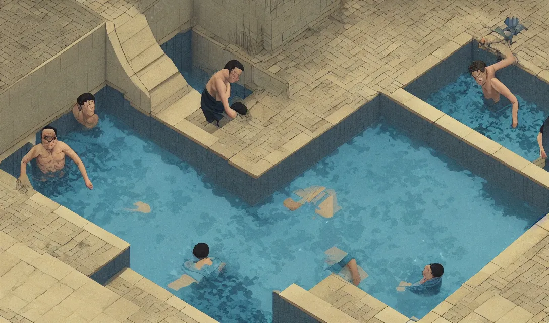 Image similar to Water plunge pool, using weighted vests, I watch the others go down, I don't want to do it myself, flat design, screen print by Kawase Hasui and dan hillier, 8k unreal engine