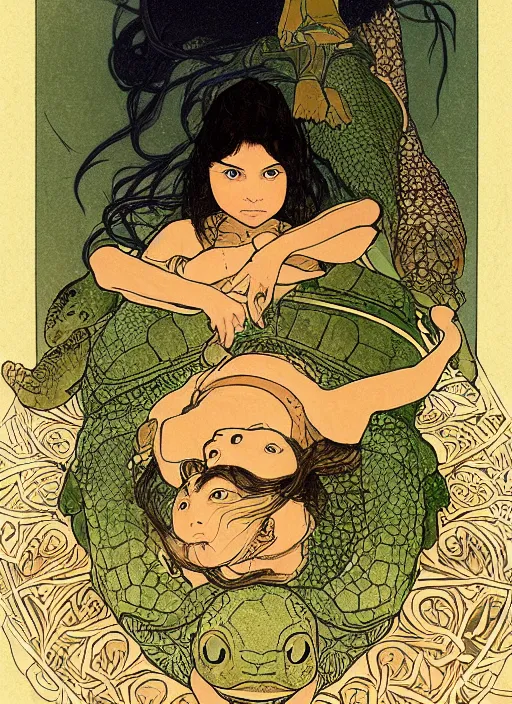 Image similar to portrait of a little warrior girl laying on top of a giant turtle in the desert. the girl has dark skin and beautiful green eyes, realistic body legs and a very beautiful detailed symmetrical face with long black hair. the turtle has a big wise face and closed eyes. diffuse light, dramatic landscape, fantasy illustration by mucha