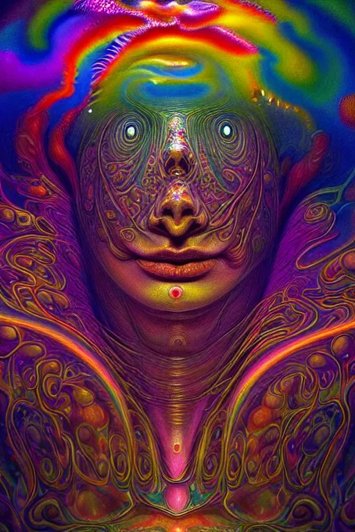 Image similar to hyperrealistic abstract close-up Renaissance psychedelic!! celestial happy! pure creature!! peaceful! kind spirit of nature! beautiful fractal!! eyes! highly detailed concept art eric zener elson peter cinematic hard rainbow lighting high angle hd 8k sharp shallow depth of field endless, inspired by Zdzisław Beksiński Salvador Dali