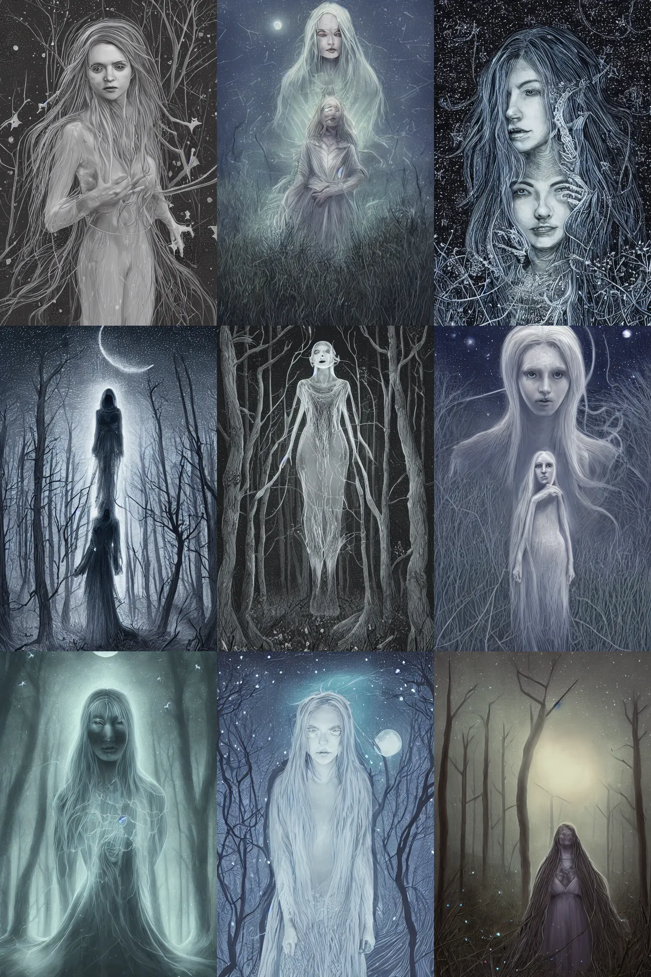 Prompt: hyper detailed character portrait of a ghostly woman standing in the forest plains of north yorkshire, a clear night, sky full of stars, moon in the sky, moonlight, moonlight god rays, sharp focus, illustration, concept art