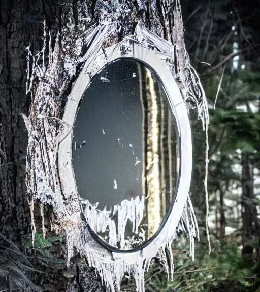 Image similar to a shatter mirror showing a evil fantasy realm, professional photography, high resolution, liminal eerie midnight backlit, a photograph taken by holloywood studios