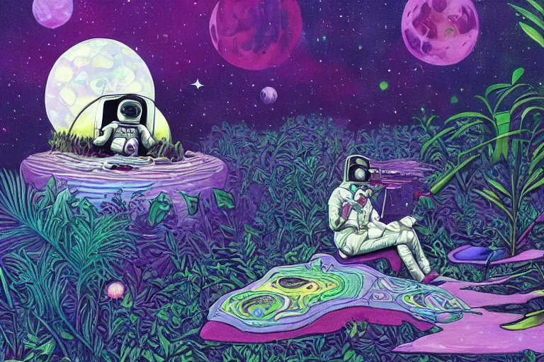 Prompt: surreal painting by chesley bonestelll!!, an astronaut sitting on a beach bed near a river with a cocktail + psychedelic vegetation + purple, pink, blue + planets and stars + mystic fog, 5 0's vintage sci - fi style, rule of third!!!!, line art, 8 k, super detailed, high quality