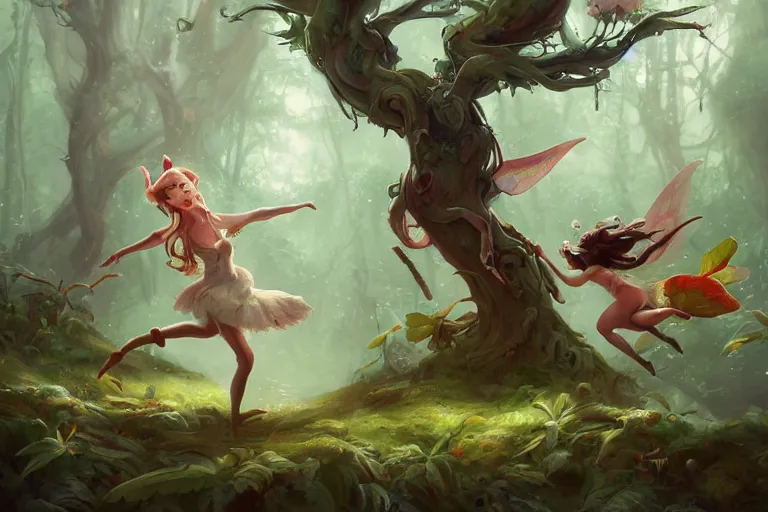 Image similar to detailed painting of fairies in the moosy forest clearing dancing, in the style of peter mohrbacher, james jean, artgerm, dramatic lighting and composition, surreal background, octane render, pixar, trending on artstation, concept art, comic book, 8 k