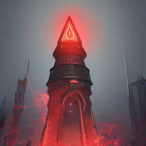 Prompt: high round tower with a huge red eye of sauron floating at the top, artstation award winner, octane render, realistic